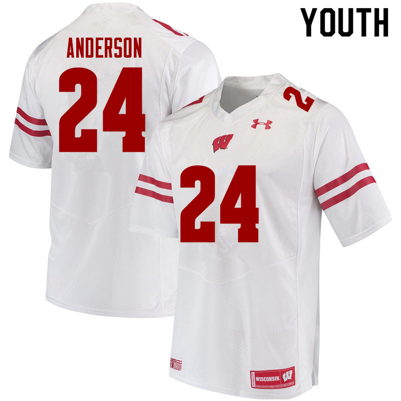 Youth #24 Haakon Anderson Wisconsin Badgers College Football Jerseys Sale-White - Click Image to Close